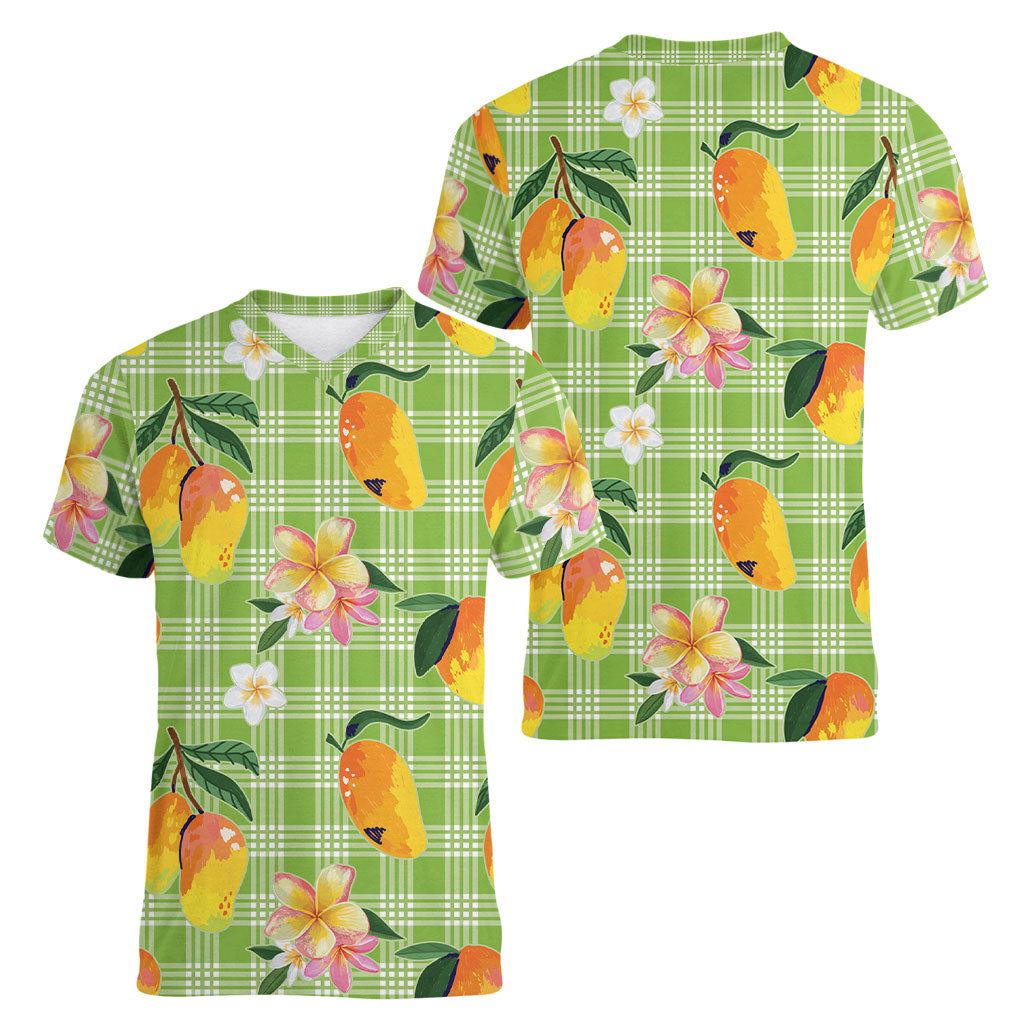 Aloha Hawaii Palaka Print Mango Plumeria Women V-Neck T-Shirt Cool Mint