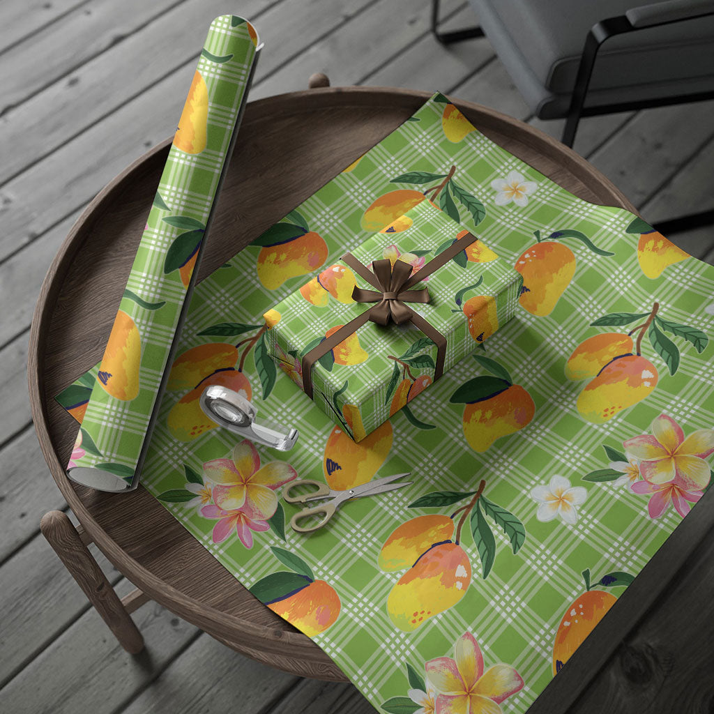 Aloha Hawaii Palaka Print Mango Plumeria Wrapping Paper Cool Mint