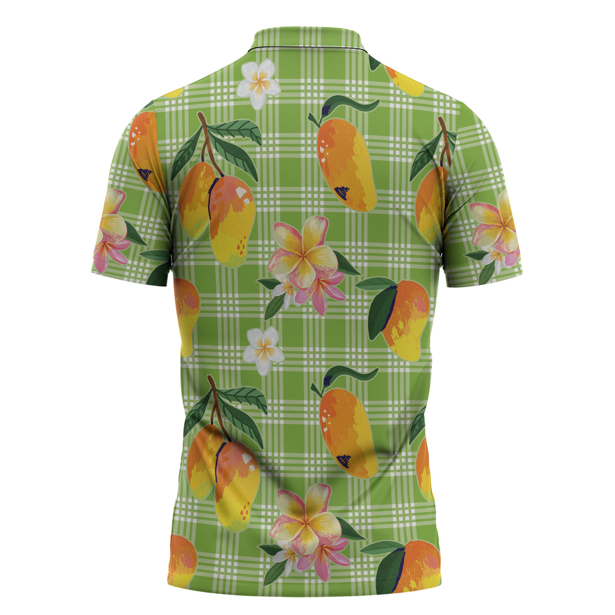 Aloha Hawaii Palaka Print Mango Plumeria Zipper Polo Shirt Cool Mint