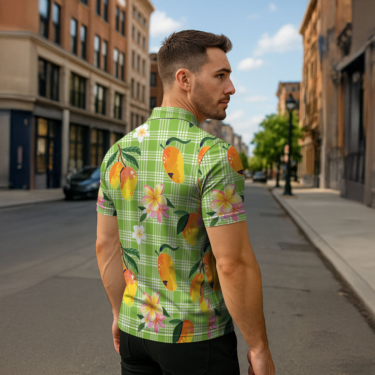 Aloha Hawaii Palaka Print Mango Plumeria Zipper Polo Shirt Cool Mint