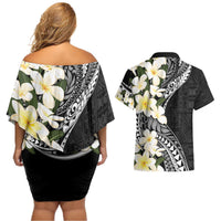 Aloha Hawaii Festive Couples Matching Off Shoulder Short Dress and Hawaiian Shirt Frangipani Lace Classic