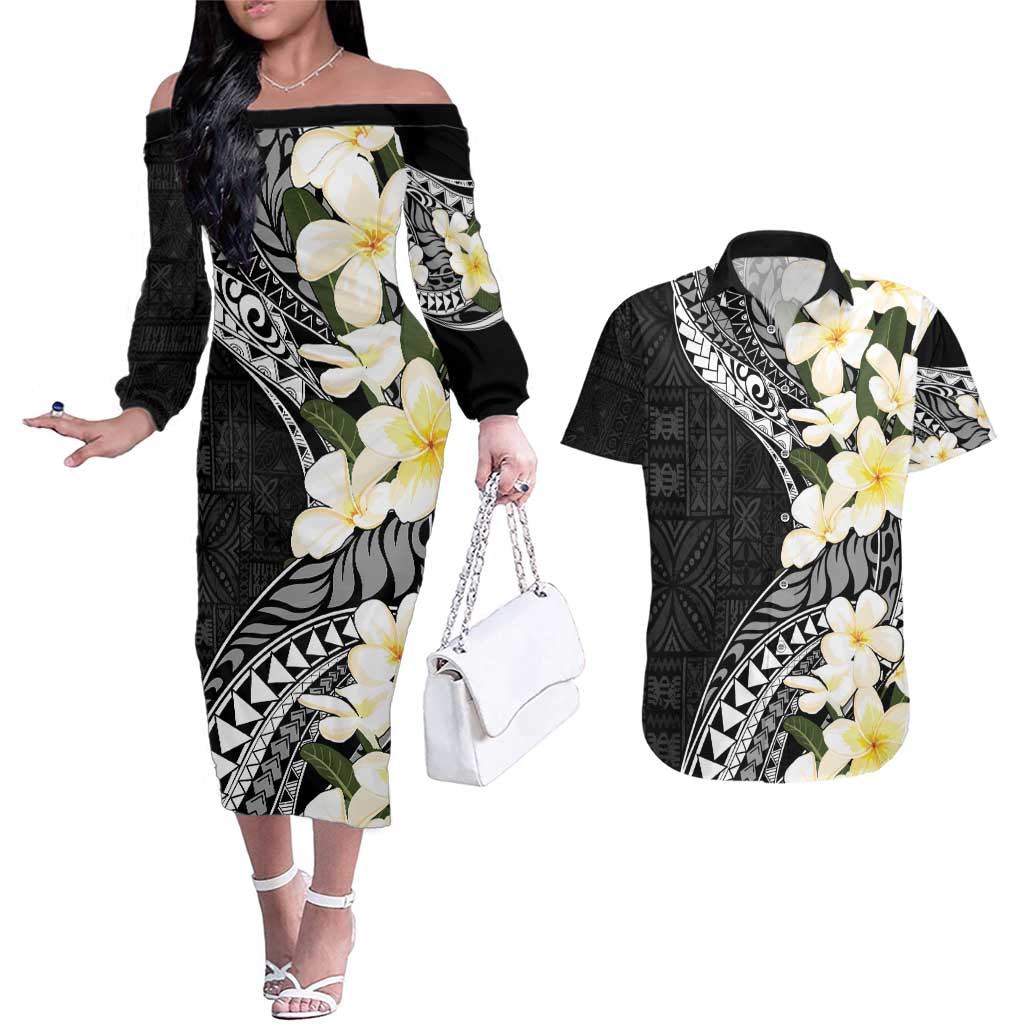 Aloha Hawaii Festive Couples Matching Off The Shoulder Long Sleeve Dress and Hawaiian Shirt Frangipani Lace Classic