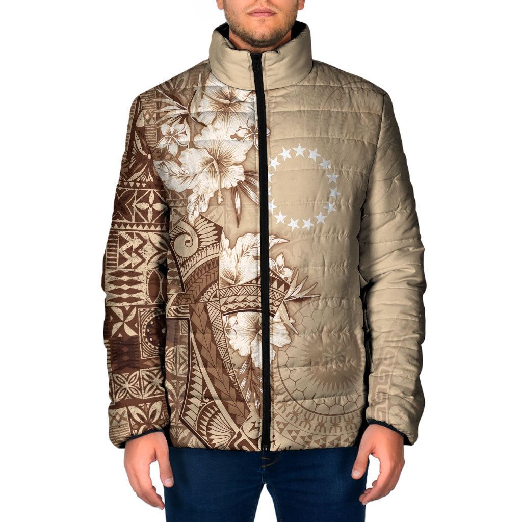 Kia Orana Cook Islands Tapa Floral With Cross Padded Jacket Beige LT7 Men Beige - Polynesian Pride