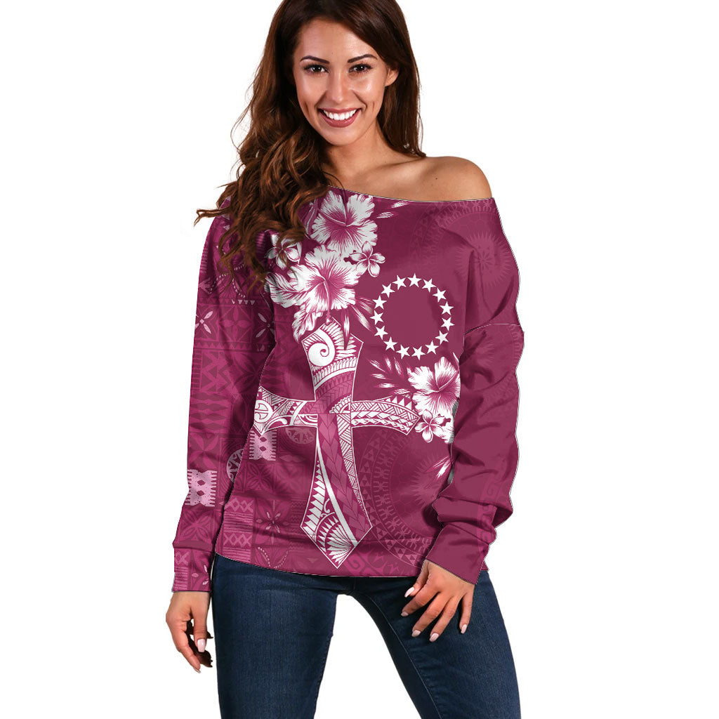 Kia Orana Cook Islands Tapa Floral With Cross Off Shoulder Sweater Maroon