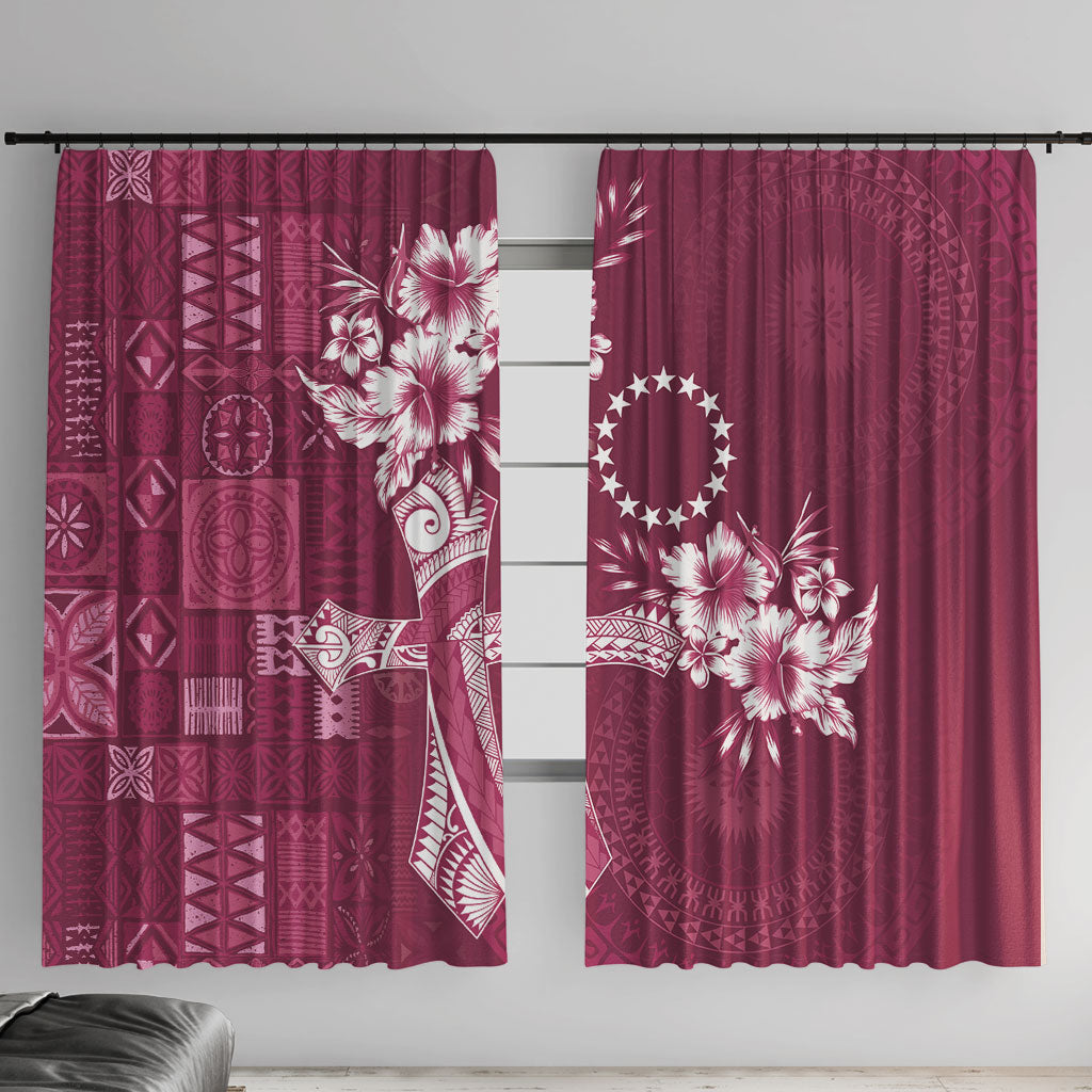 Kia Orana Cook Islands Tapa Floral With Cross Window Curtain Maroon LT7 With Hooks Maroon - Polynesian Pride