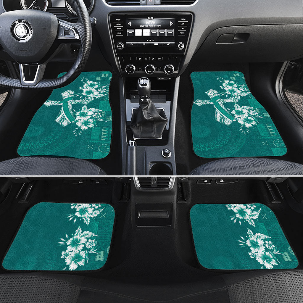 Kia Orana Cook Islands Tapa Floral With Cross Car Mats Deep Teal LT7 Set 4pcs Deep Teal - Polynesian Pride