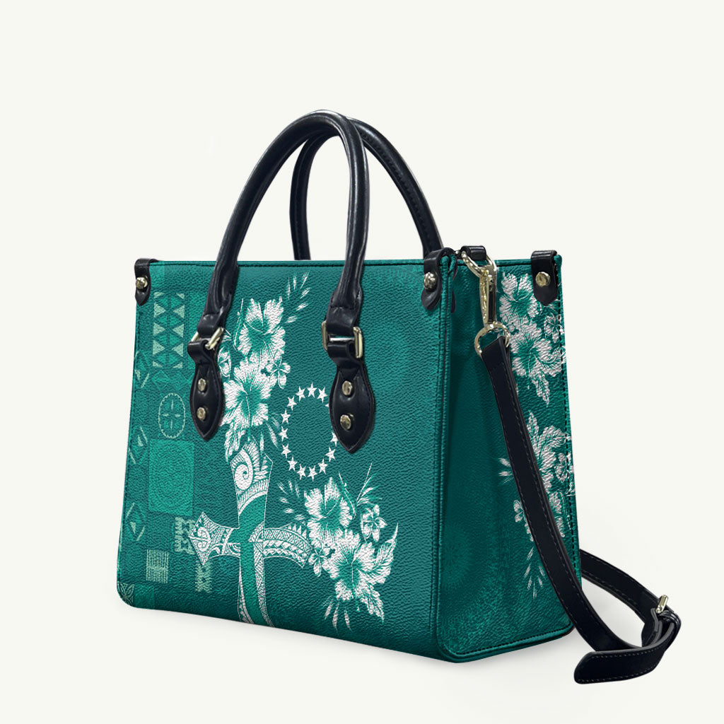 Kia Orana Cook Islands Tapa Floral With Cross Leather Bag Deep Teal LT7 Deep Teal - Polynesian Pride