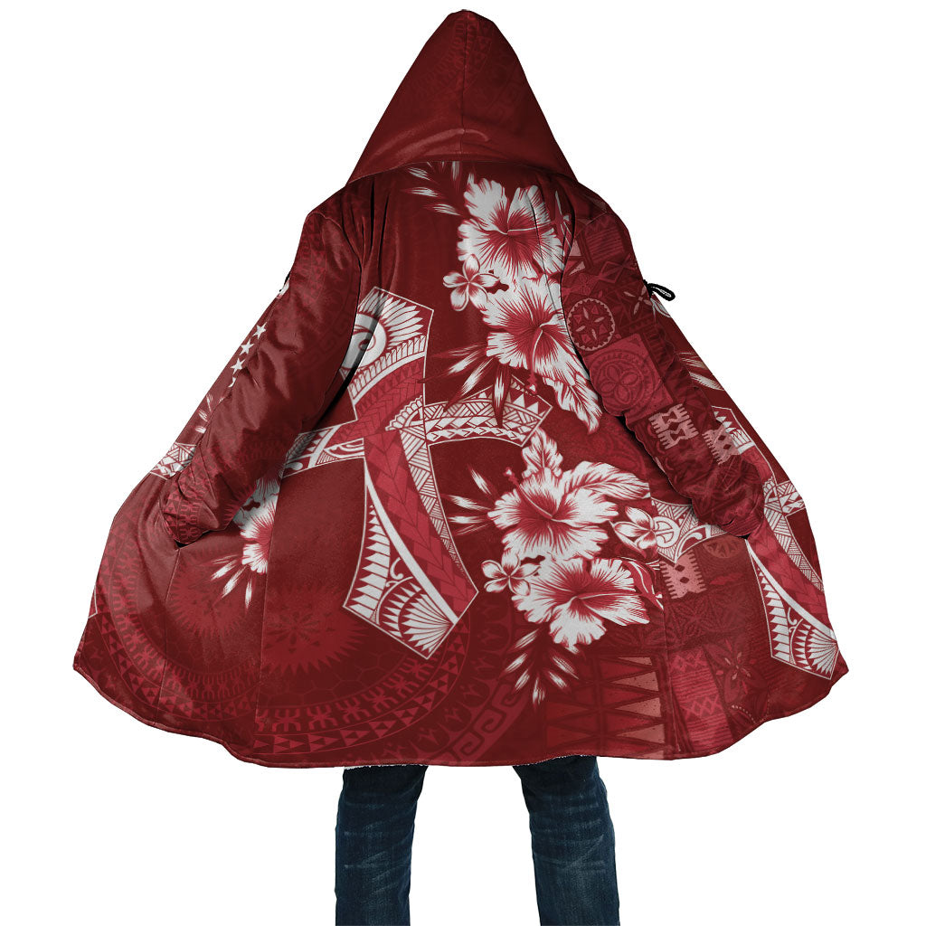 Kia Orana Cook Islands Tapa Floral With Cross Cloak Crimson Red LT7 Unisex Crimson Red - Polynesian Pride