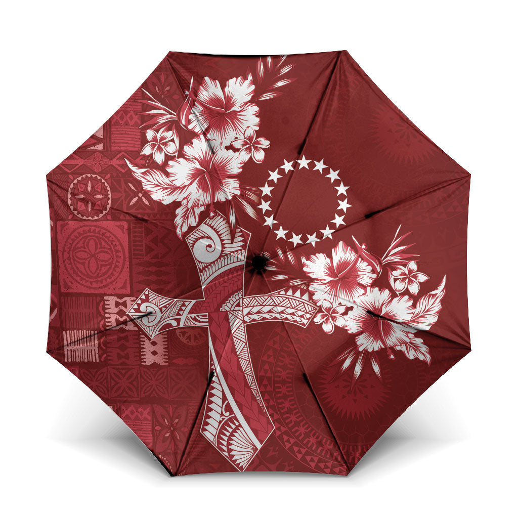 Kia Orana Cook Islands Tapa Floral With Cross Umbrella Crimson Red LT7 One Size Folded 11.42 inch Opened Diameter 37.4 inch Crimson Red - Polynesian Pride