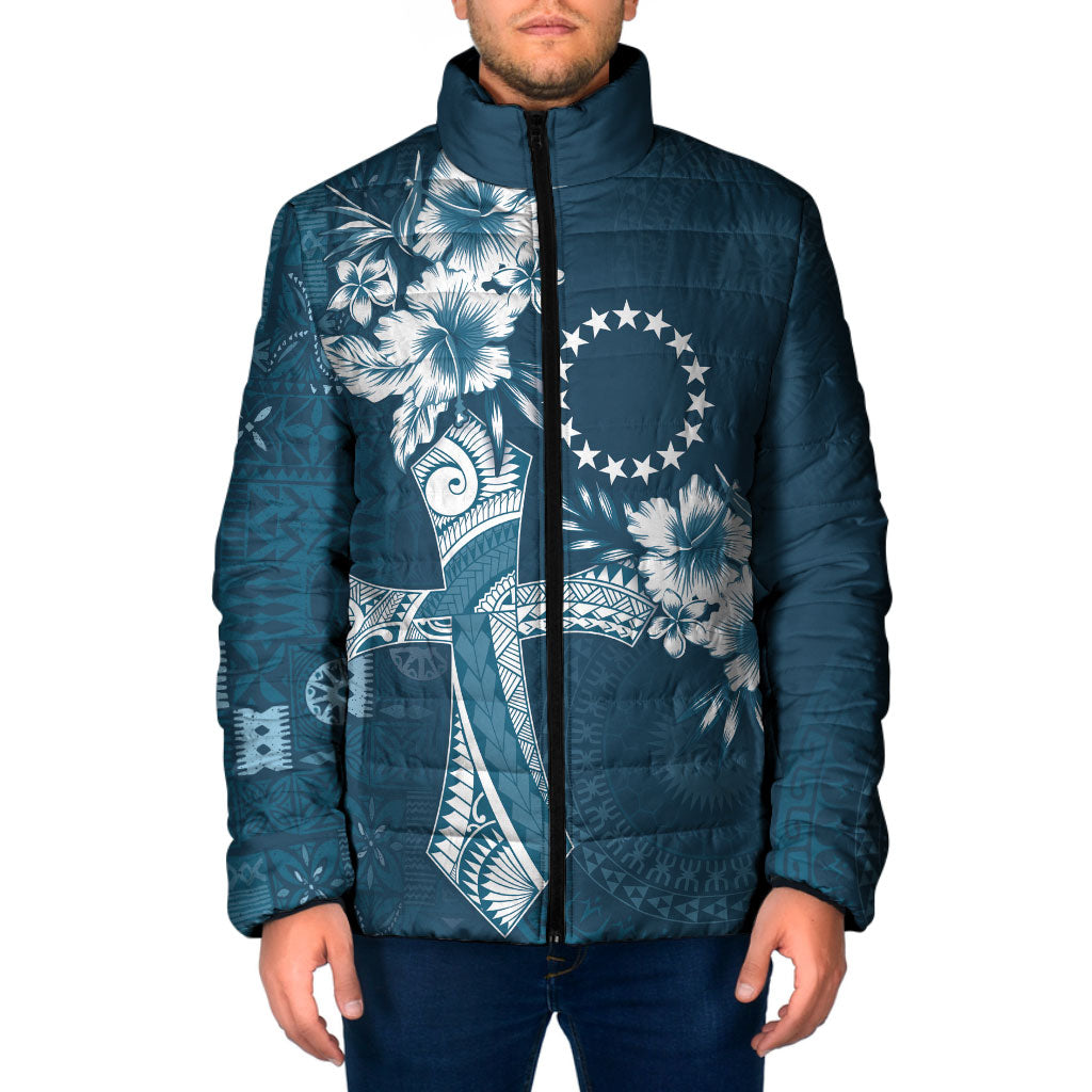 Kia Orana Cook Islands Tapa Floral With Cross Padded Jacket Navy Blue LT7 Men Navy Blue - Polynesian Pride