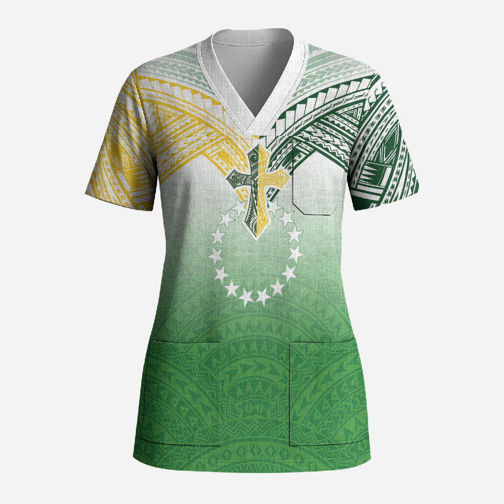 Cook Islands Rugby Medallion Of Stars Scrub Top Kuki Airani Avaiki LT7 Adult White Green - Polynesian Pride