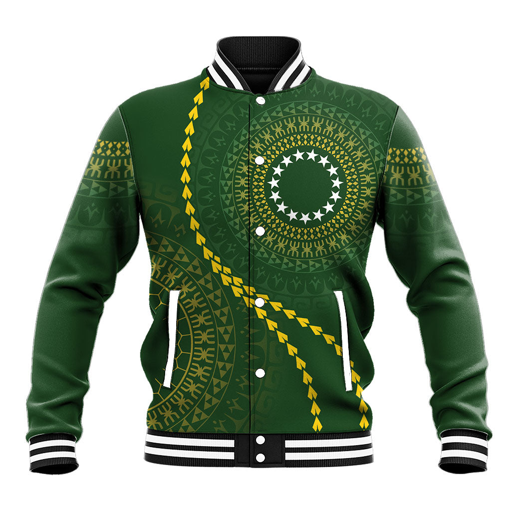 Cook Islands Rugby Custom Baseball Jacket Kuki Tapa Motifs - Medallion Of Stars LT7 Unisex Dark Green - Polynesian Pride