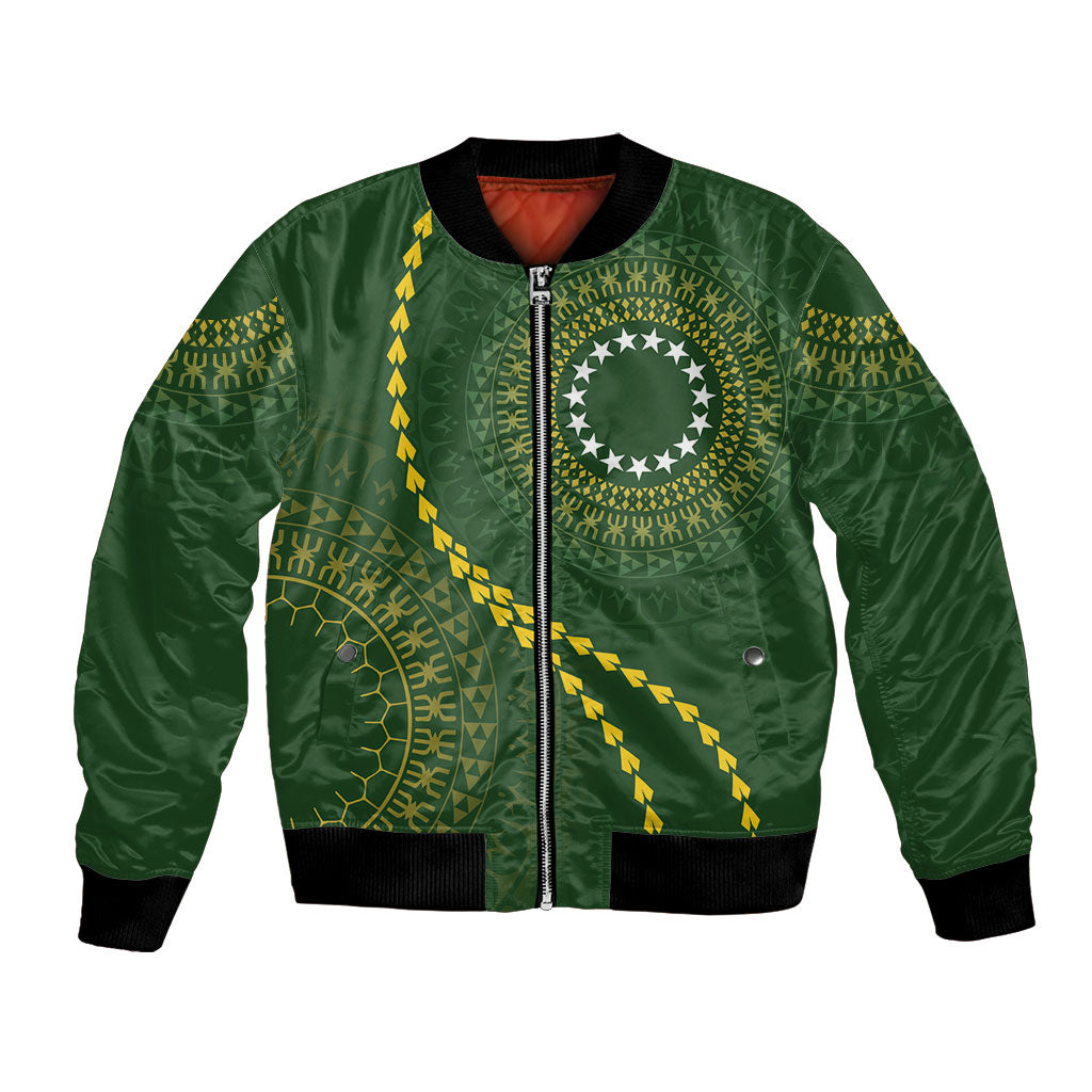 Cook Islands Rugby Custom Bomber Jacket Kuki Tapa Motifs - Medallion Of Stars LT7 Unisex Dark Green - Polynesian Pride