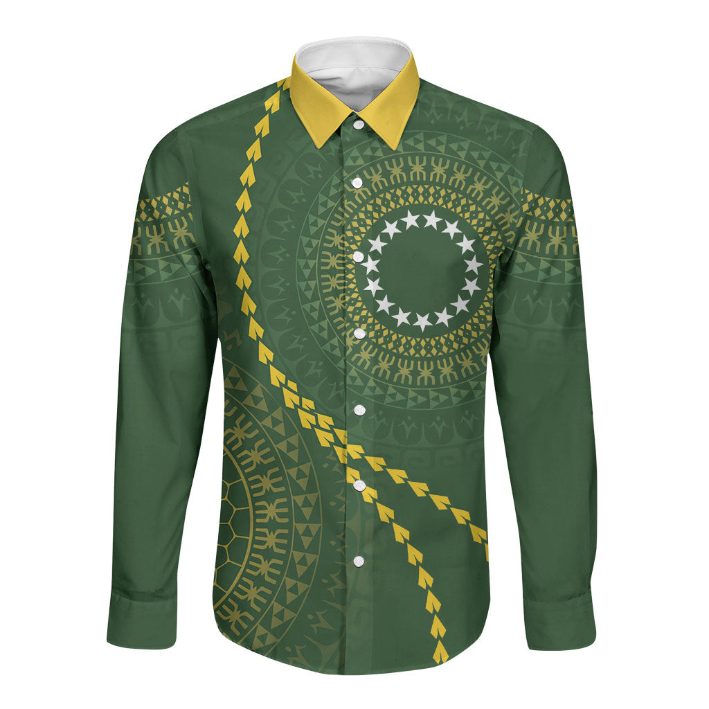 Cook Islands Rugby Custom Long Sleeve Button Shirt Kuki Tapa Motifs - Medallion Of Stars LT7 Unisex Dark Green - Polynesian Pride