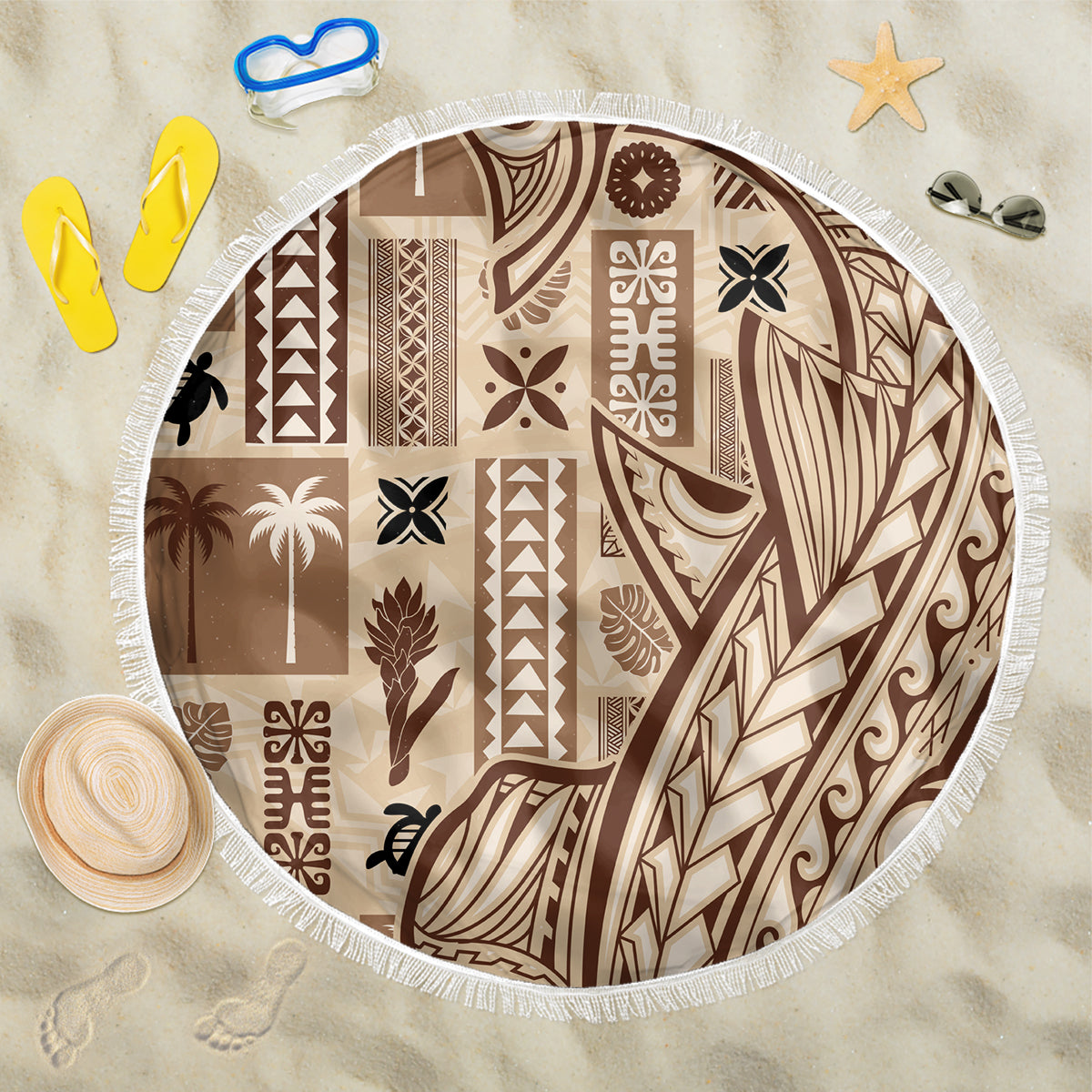 Samoa Tapa Beach Blanket Siapo Mix Tatau Patterns LT7 One Size 150cm Beige - Polynesian Pride