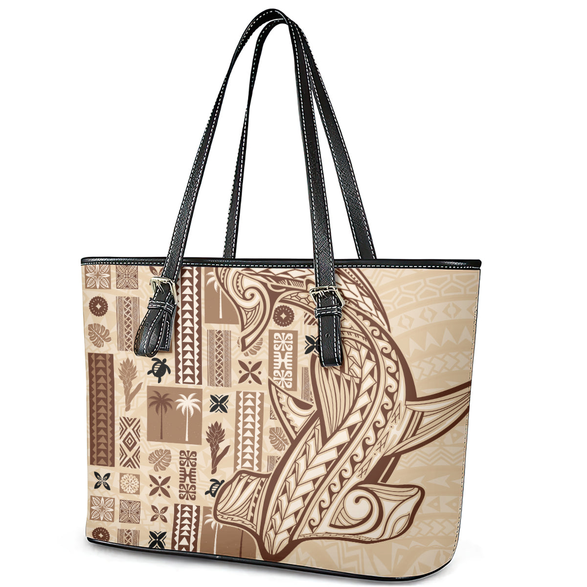 Samoa Tapa Leather Tote Bag Siapo Mix Tatau Patterns LT7 - Polynesian Pride