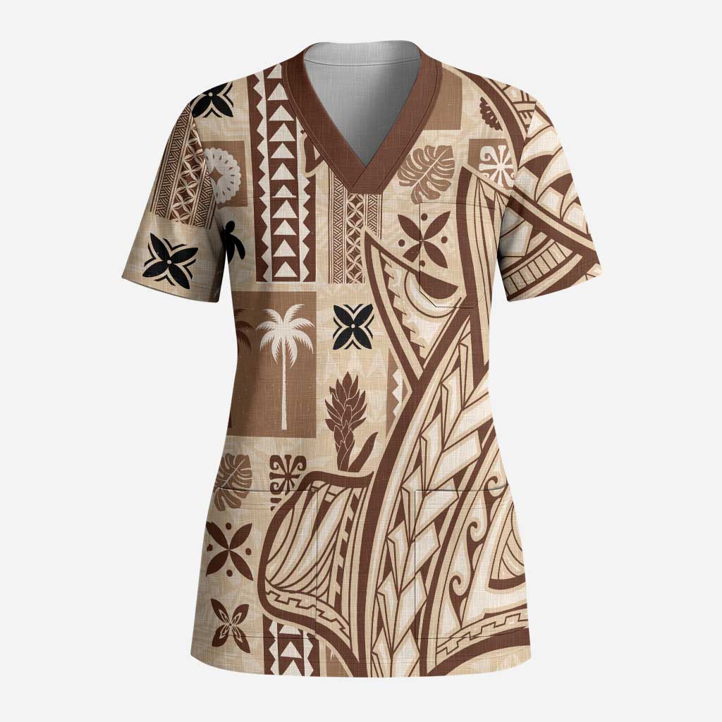 Samoa Tapa Scrub Top Siapo Mix Tatau Patterns LT7 Adult Beige - Polynesian Pride