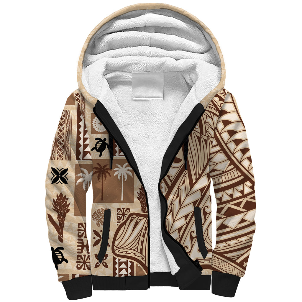 Samoa Tapa Sherpa Hoodie Siapo Mix Tatau Patterns LT7 Unisex Beige - Polynesian Pride