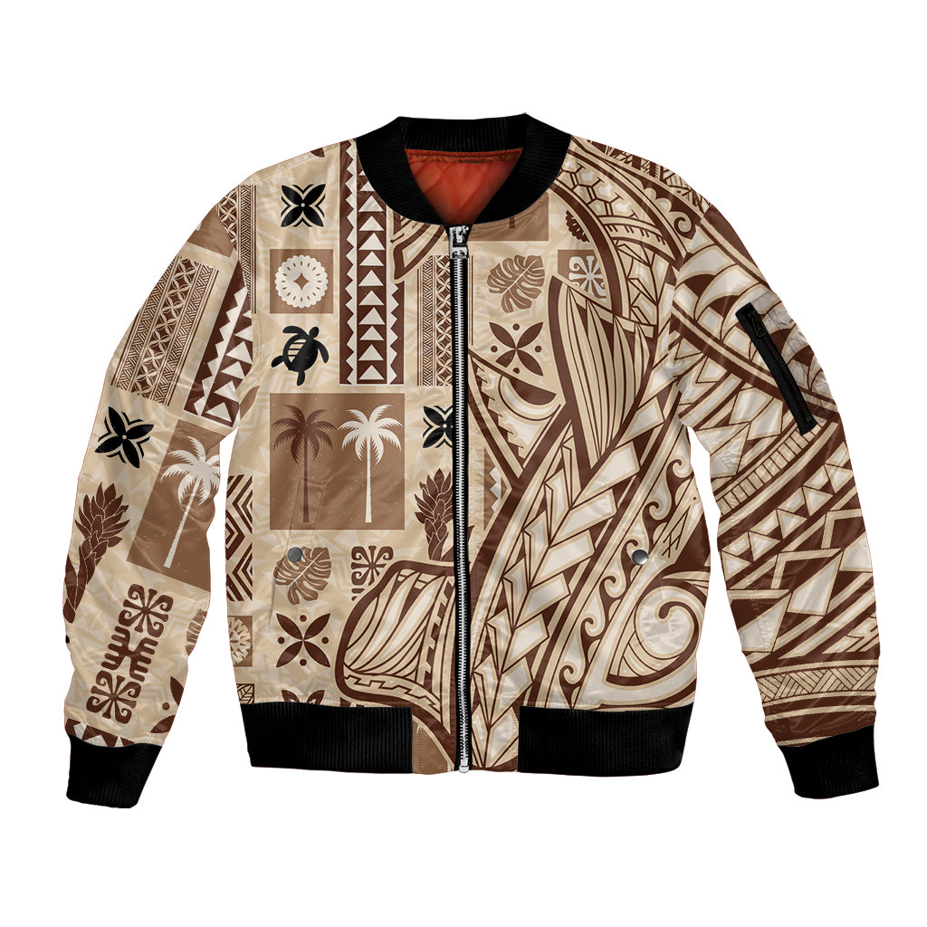 Samoa Tapa Sleeve Zip Bomber Jacket Siapo Mix Tatau Patterns LT7 Unisex Beige - Polynesian Pride