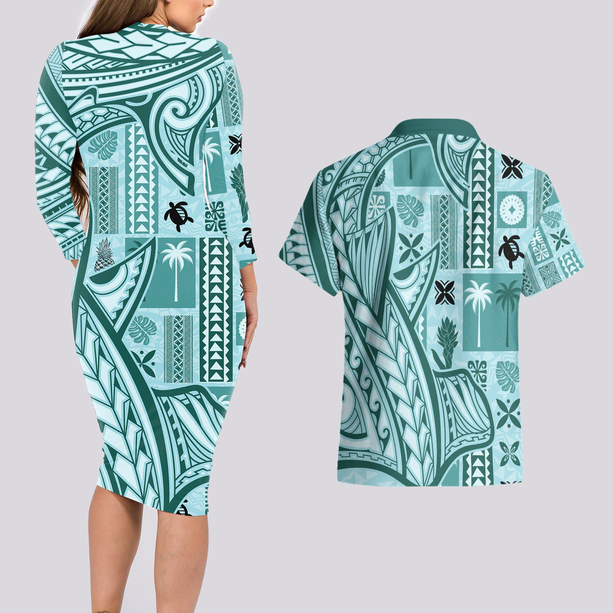 Samoa Tapa Couples Matching Long Sleeve Bodycon Dress and Hawaiian Shirt Siapo Mix Tatau Patterns - Teal LT7 - Polynesian Pride