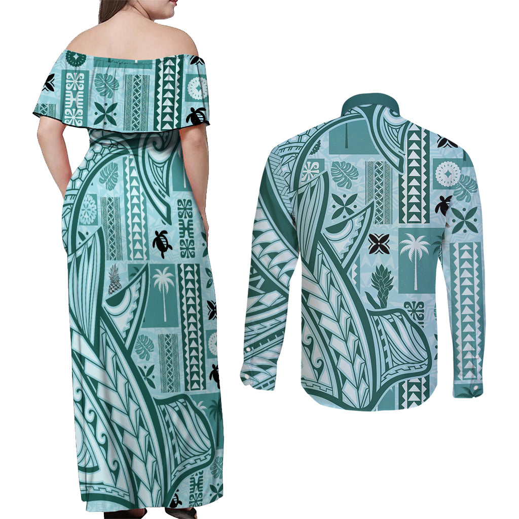 Samoa Tapa Couples Matching Off Shoulder Maxi Dress and Long Sleeve Button Shirt Siapo Mix Tatau Patterns - Teal LT7 - Polynesian Pride