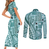 Samoa Tapa Couples Matching Short Sleeve Bodycon Dress and Long Sleeve Button Shirt Siapo Mix Tatau Patterns - Teal LT7 - Polynesian Pride