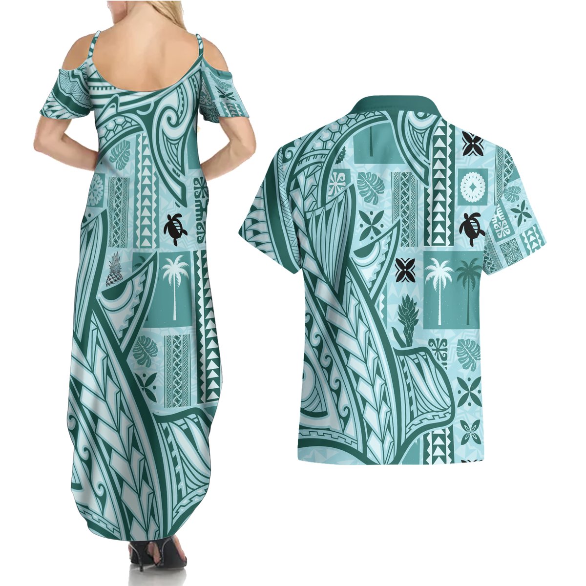 Samoa Tapa Couples Matching Summer Maxi Dress and Hawaiian Shirt Siapo Mix Tatau Patterns - Teal LT7 - Polynesian Pride