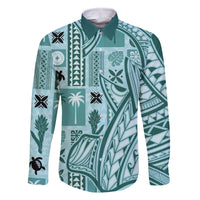 Samoa Tapa Family Matching Off Shoulder Long Sleeve Dress and Hawaiian Shirt Siapo Mix Tatau Patterns - Teal LT7 Dad's Shirt - Long Sleeve Teal - Polynesian Pride