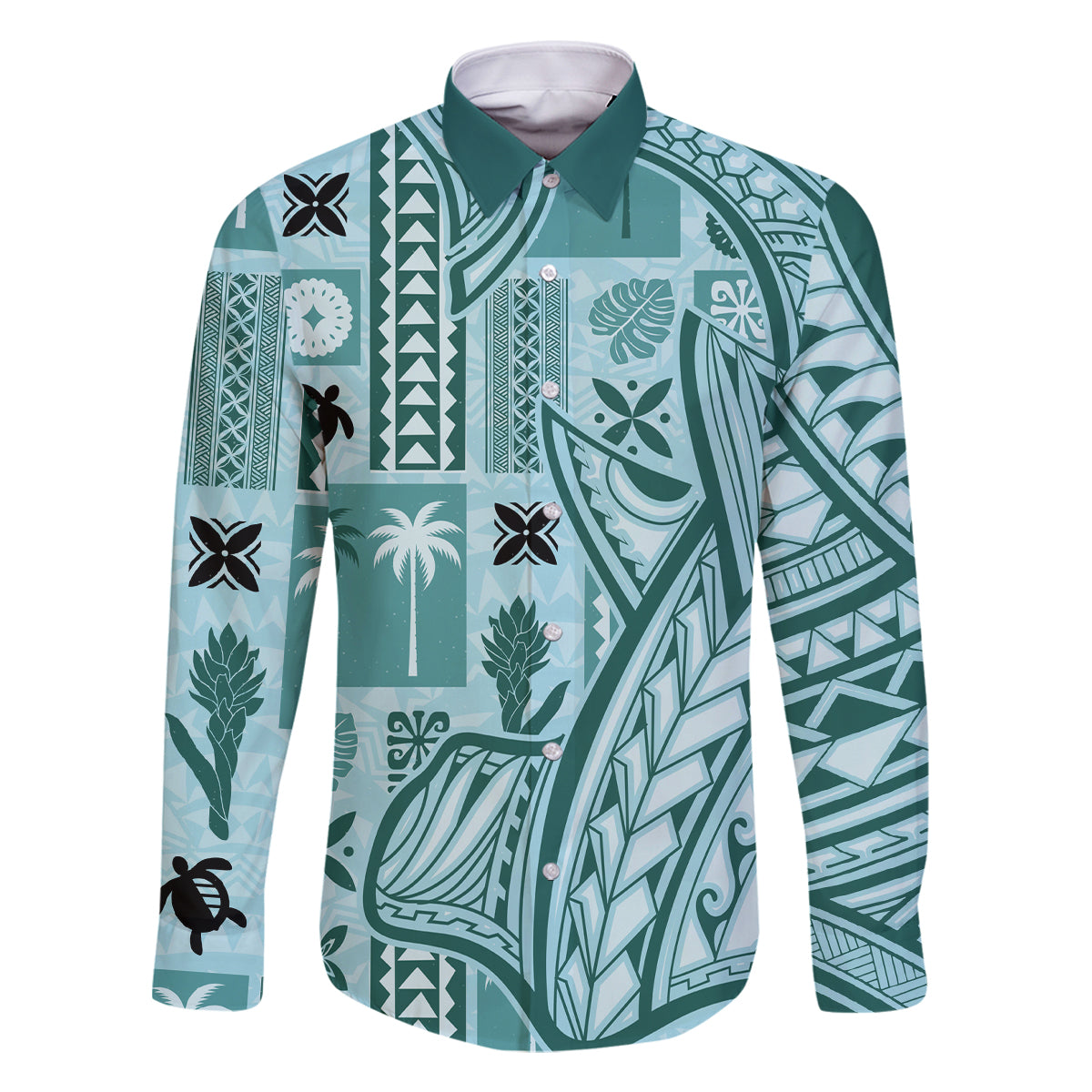 Samoa Tapa Family Matching Off Shoulder Maxi Dress and Hawaiian Shirt Siapo Mix Tatau Patterns - Teal LT7 Dad's Shirt - Long Sleeve Teal - Polynesian Pride