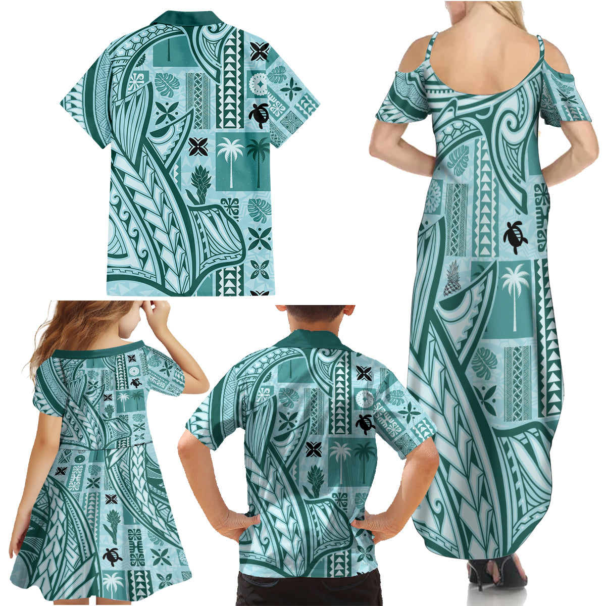 Samoa Tapa Family Matching Summer Maxi Dress and Hawaiian Shirt Siapo Mix Tatau Patterns - Teal LT7 - Polynesian Pride