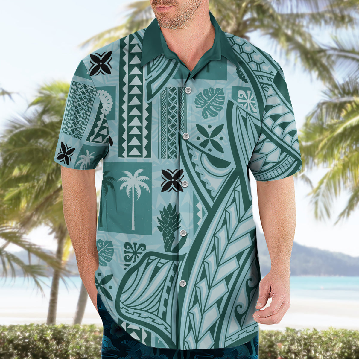 Samoa Tapa Hawaiian Shirt Siapo Mix Tatau Patterns - Teal LT7 - Polynesian Pride