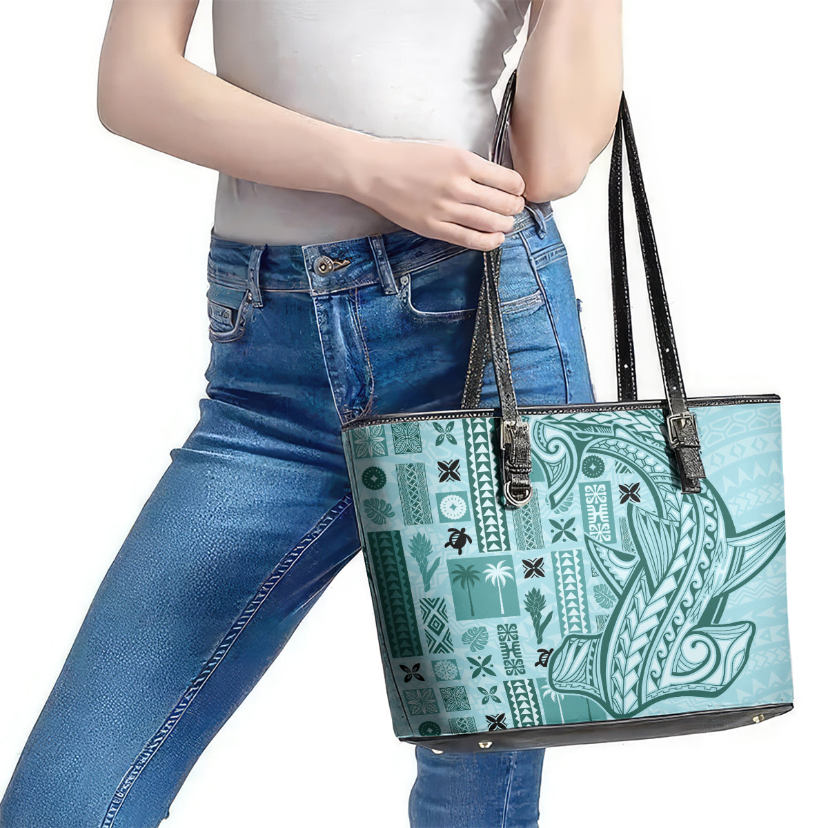 Samoa Tapa Leather Tote Bag Siapo Mix Tatau Patterns - Teal LT7 - Polynesian Pride