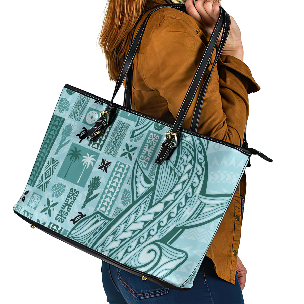 Samoa Tapa Leather Tote Bag Siapo Mix Tatau Patterns - Teal LT7 - Polynesian Pride