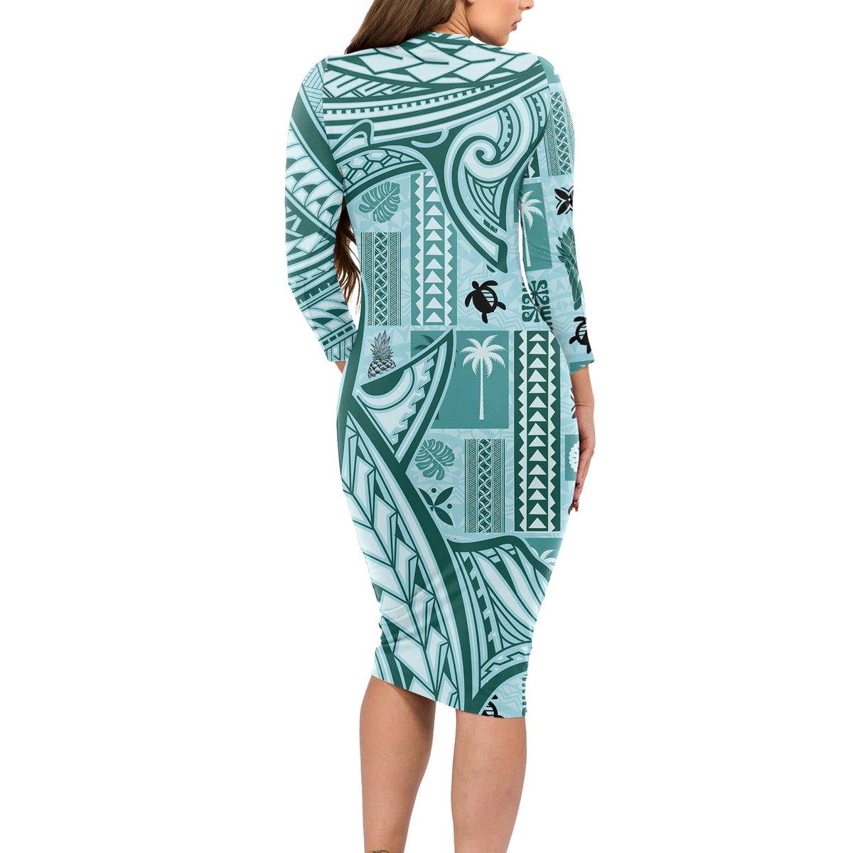 Samoa Tapa Long Sleeve Bodycon Dress Siapo Mix Tatau Patterns - Teal LT7 - Polynesian Pride