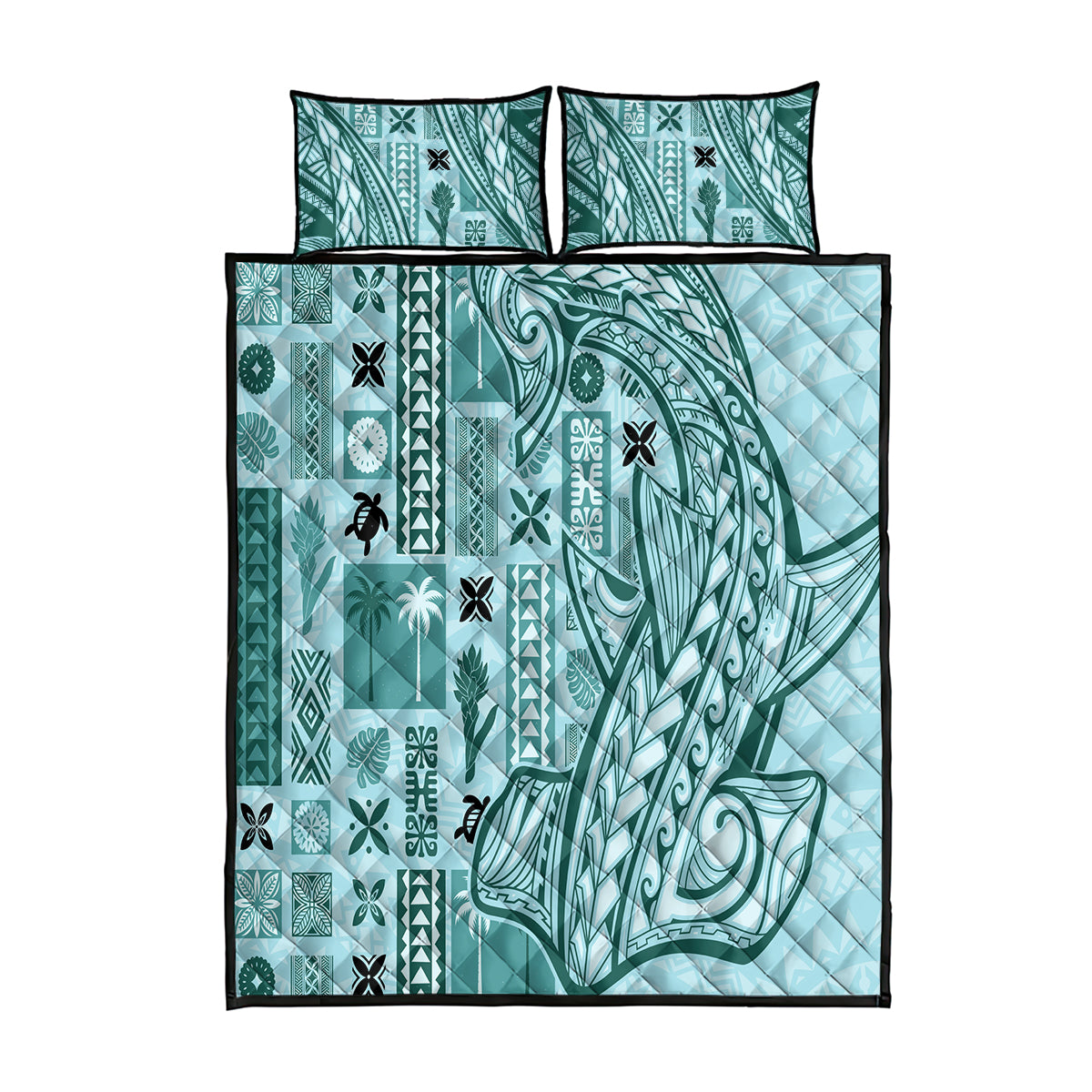 Samoa Tapa Quilt Bed Set Siapo Mix Tatau Patterns - Teal LT7 Teal - Polynesian Pride