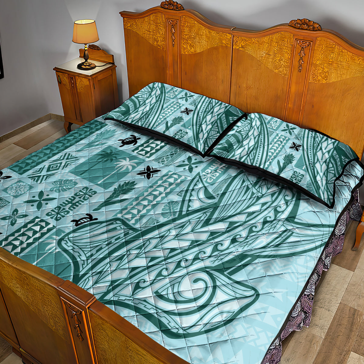 Samoa Tapa Quilt Bed Set Siapo Mix Tatau Patterns - Teal LT7 - Polynesian Pride