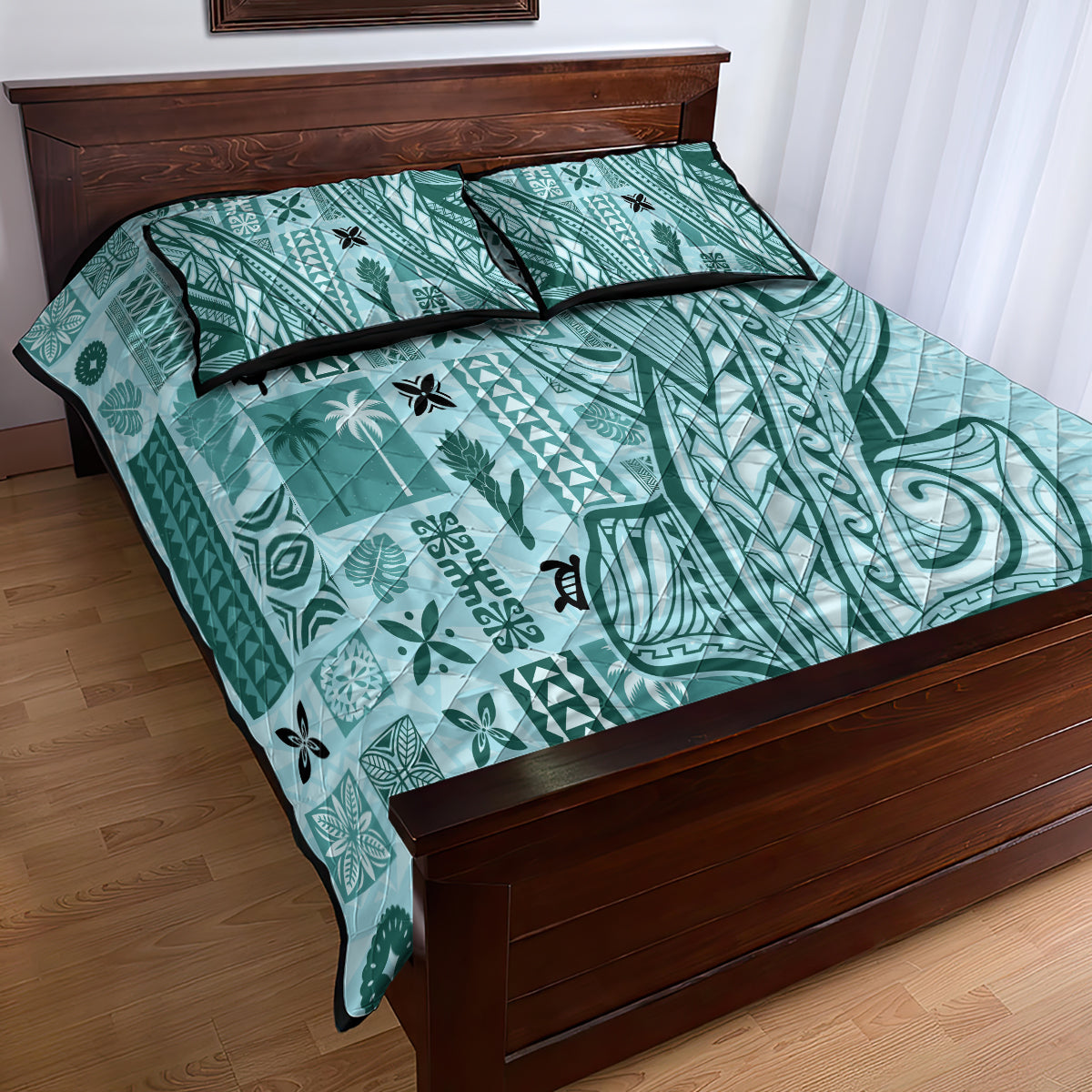 Samoa Tapa Quilt Bed Set Siapo Mix Tatau Patterns - Teal LT7 - Polynesian Pride