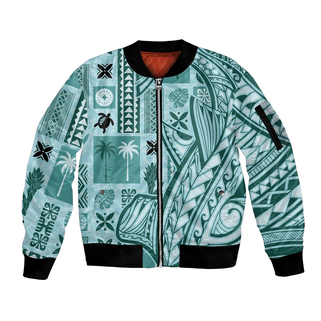 Samoa Tapa Sleeve Zip Bomber Jacket Siapo Mix Tatau Patterns - Teal LT7 Unisex Teal - Polynesian Pride