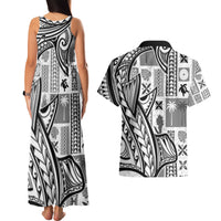 Samoa Tapa Couples Matching Tank Maxi Dress and Hawaiian Shirt Siapo Mix Tatau Patterns - White LT7 - Polynesian Pride