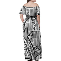 Samoa Tapa Family Matching Off Shoulder Maxi Dress and Hawaiian Shirt Siapo Mix Tatau Patterns - White LT7 - Polynesian Pride