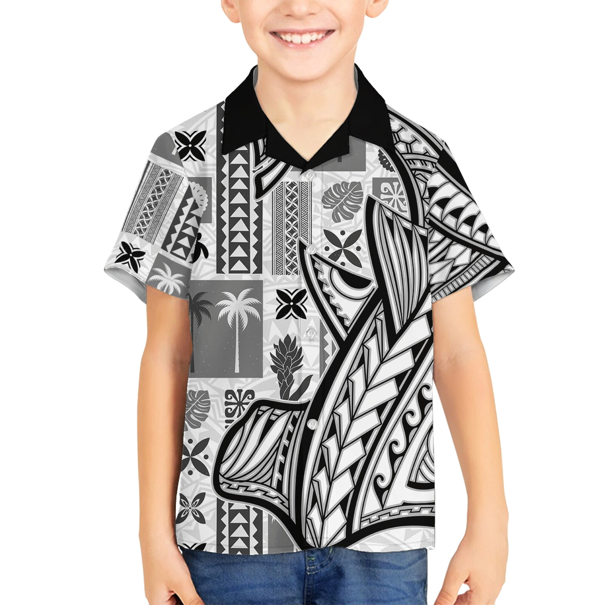 Samoa Tapa Family Matching Off Shoulder Short Dress and Hawaiian Shirt Siapo Mix Tatau Patterns - White LT7 Son's Shirt White - Polynesian Pride