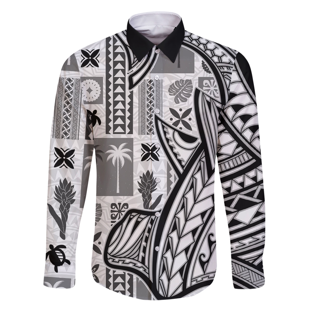 Samoa Tapa Family Matching Puletasi Dress and Hawaiian Shirt Siapo Mix Tatau Patterns - White LT7 Dad's Shirt - Long Sleeve White - Polynesian Pride