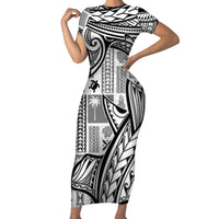 Samoa Tapa Short Sleeve Bodycon Dress Siapo Mix Tatau Patterns - White LT7 Long Dress White - Polynesian Pride