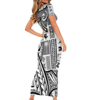 Samoa Tapa Short Sleeve Bodycon Dress Siapo Mix Tatau Patterns - White LT7 - Polynesian Pride