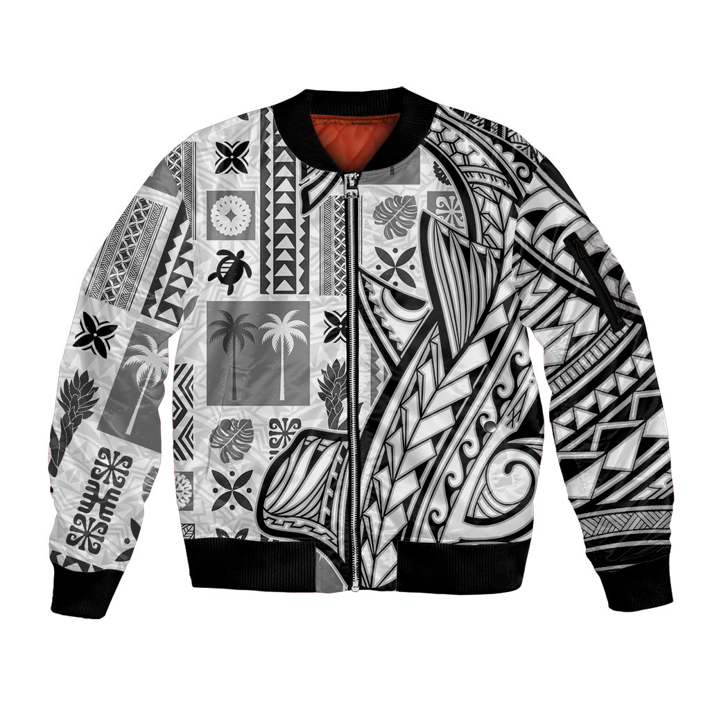 Samoa Tapa Sleeve Zip Bomber Jacket Siapo Mix Tatau Patterns - White LT7 Unisex White - Polynesian Pride