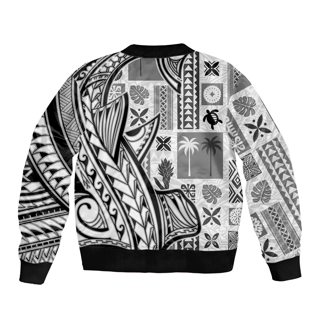 Samoa Tapa Sleeve Zip Bomber Jacket Siapo Mix Tatau Patterns - White LT7 - Polynesian Pride