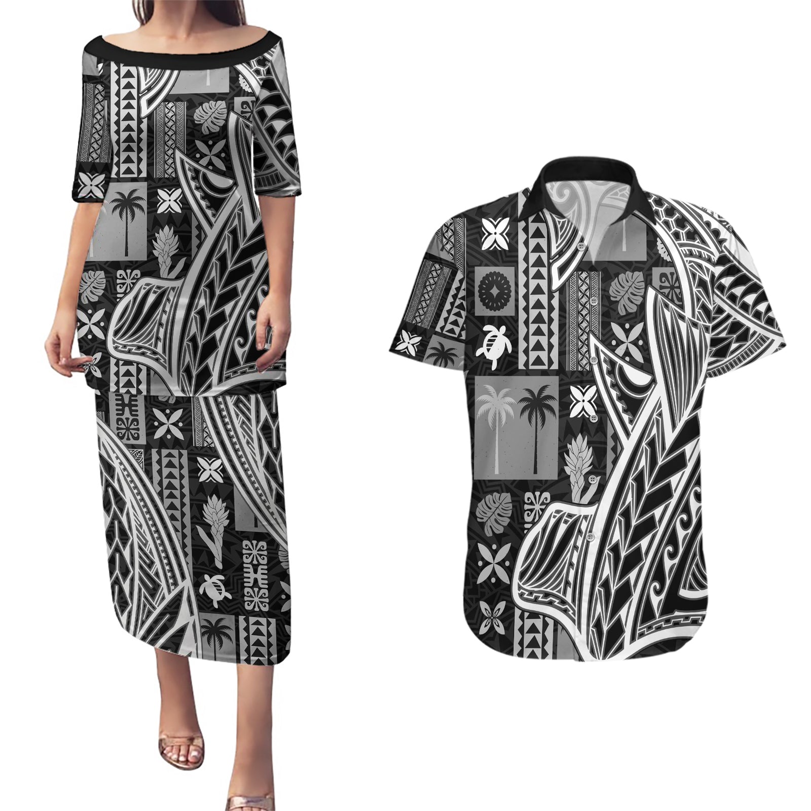 Samoa Tapa Couples Matching Puletasi Dress and Hawaiian Shirt Siapo Mix Tatau Patterns - Black LT7 Black - Polynesian Pride