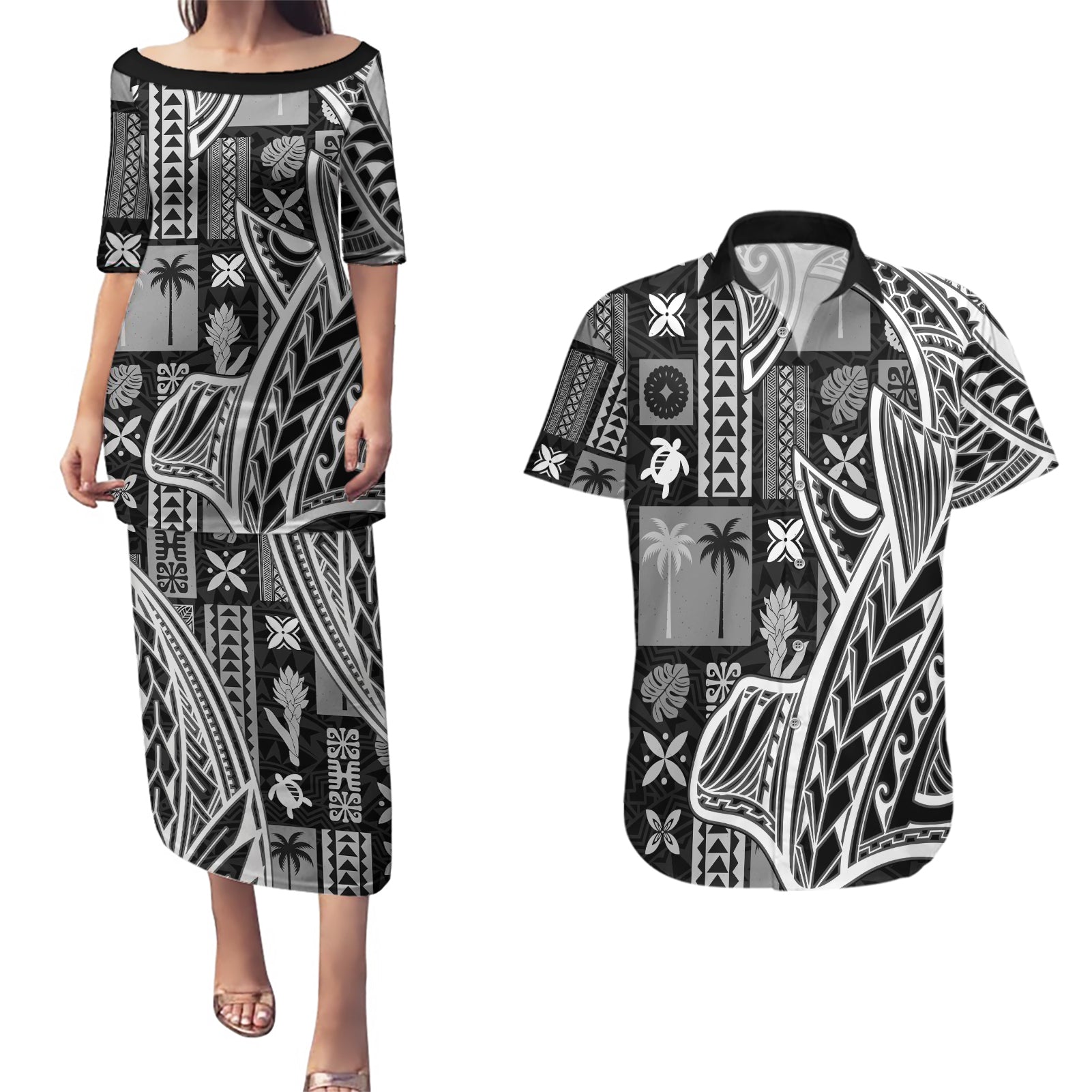 Samoa Tapa Couples Matching Puletasi Dress and Hawaiian Shirt Siapo Mix Tatau Patterns - Black LT7 Black - Polynesian Pride