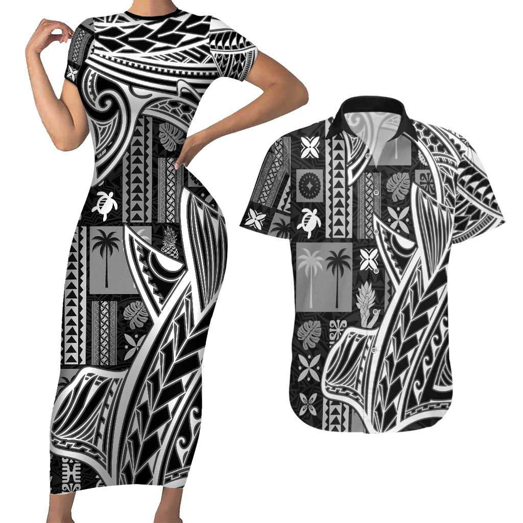 Samoa Tapa Couples Matching Short Sleeve Bodycon Dress and Hawaiian Shirt Siapo Mix Tatau Patterns - Black LT7