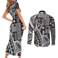 Samoa Tapa Couples Matching Short Sleeve Bodycon Dress and Long Sleeve Button Shirt Siapo Mix Tatau Patterns - Black LT7 - Polynesian Pride